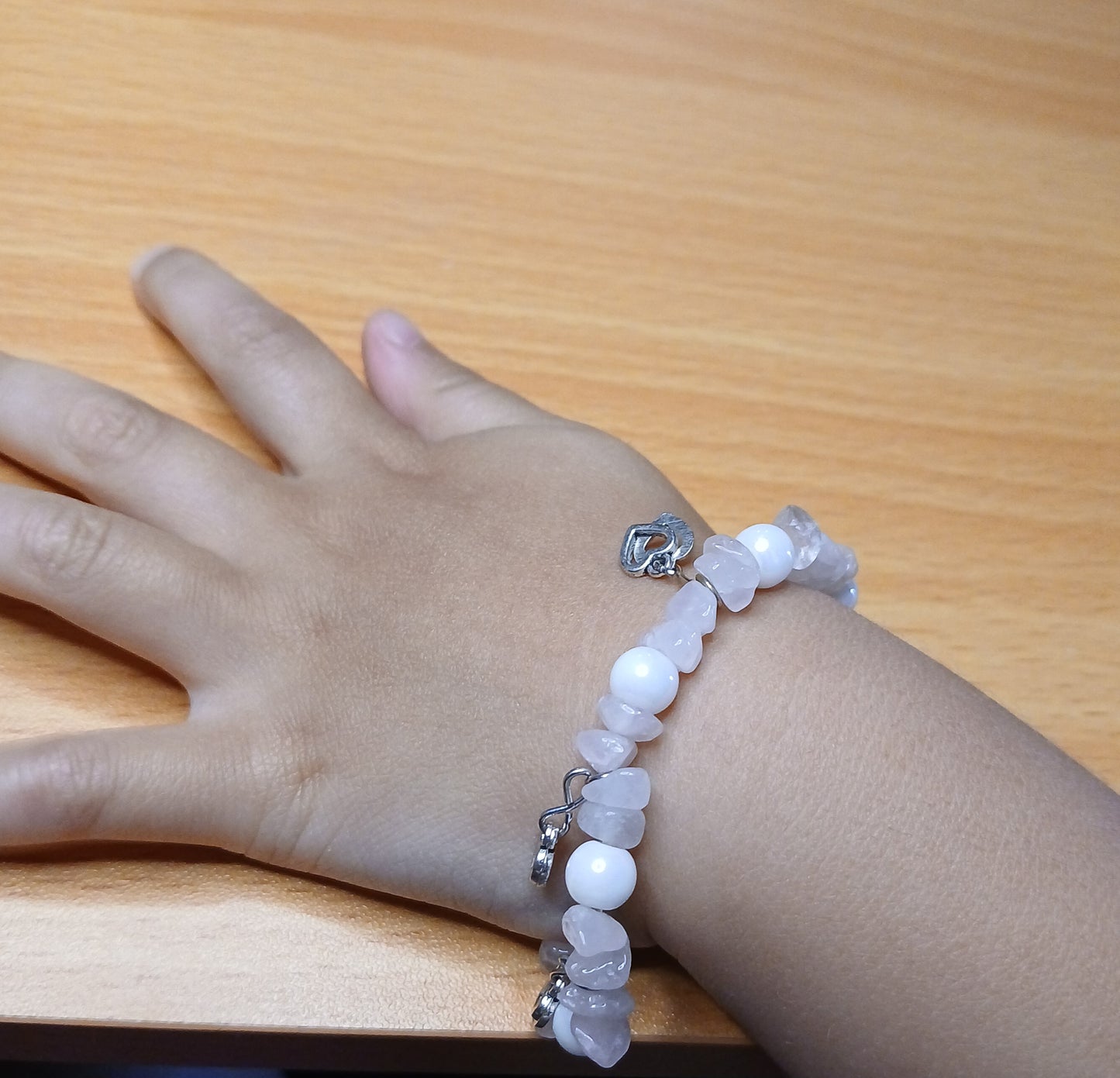 Natural Rose quartz, Natural Freshwater Pearls with sterling silver heart charms