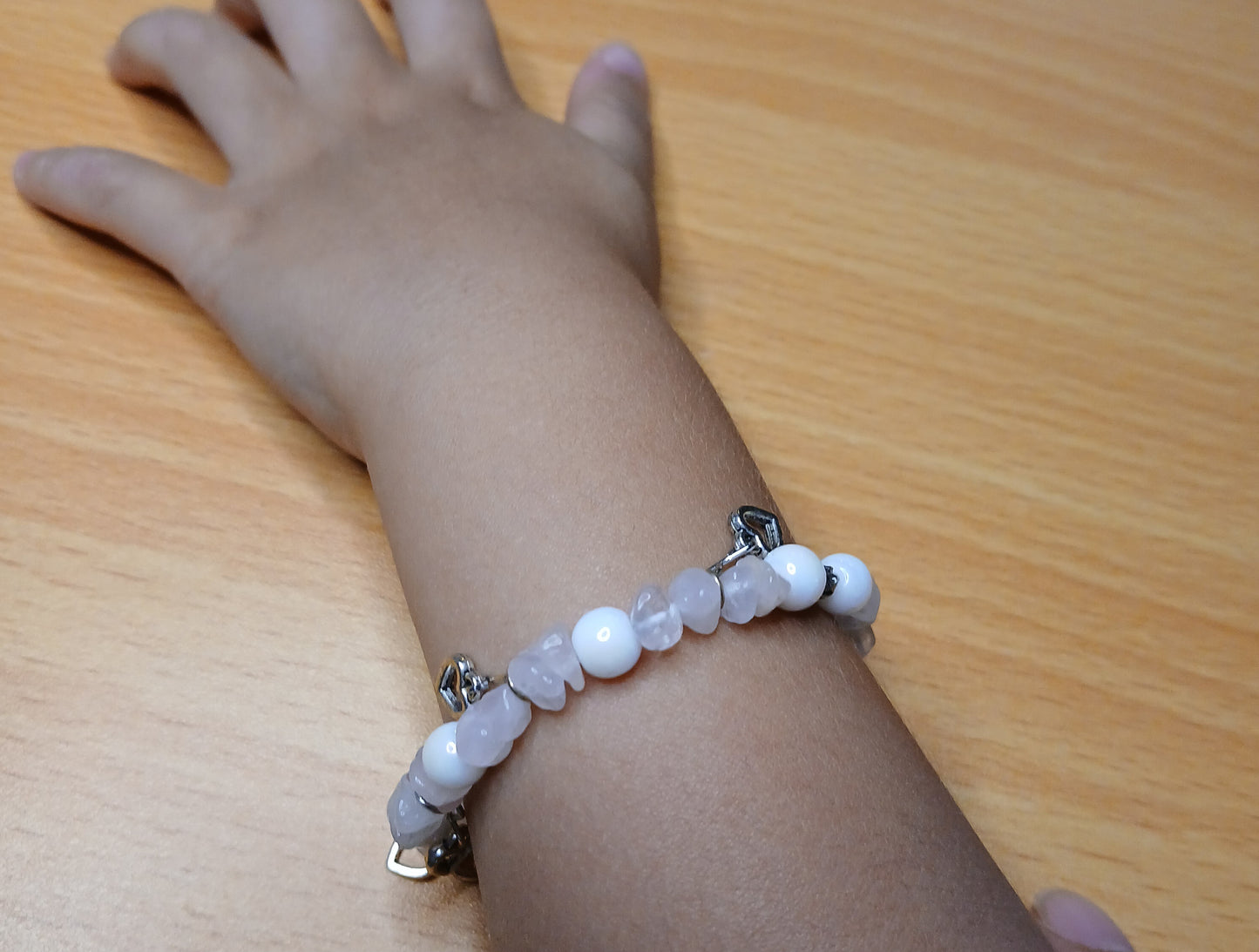 Natural Rose quartz, Natural Freshwater Pearls with sterling silver heart charms