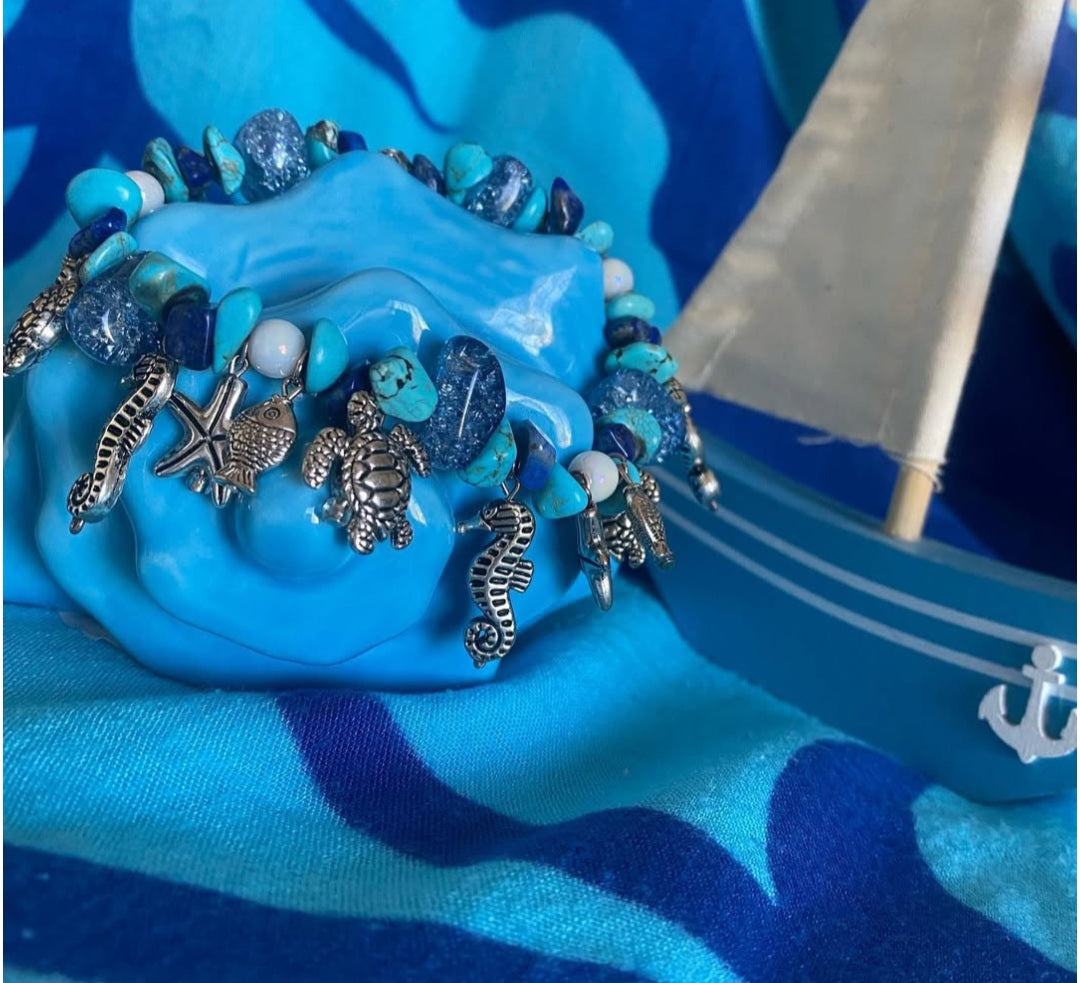 Natural Turquoise with natural Lapis Lazuli chips, Aqua crackled Quartzite beads with Freshwater pearls and antique silver ocean charms