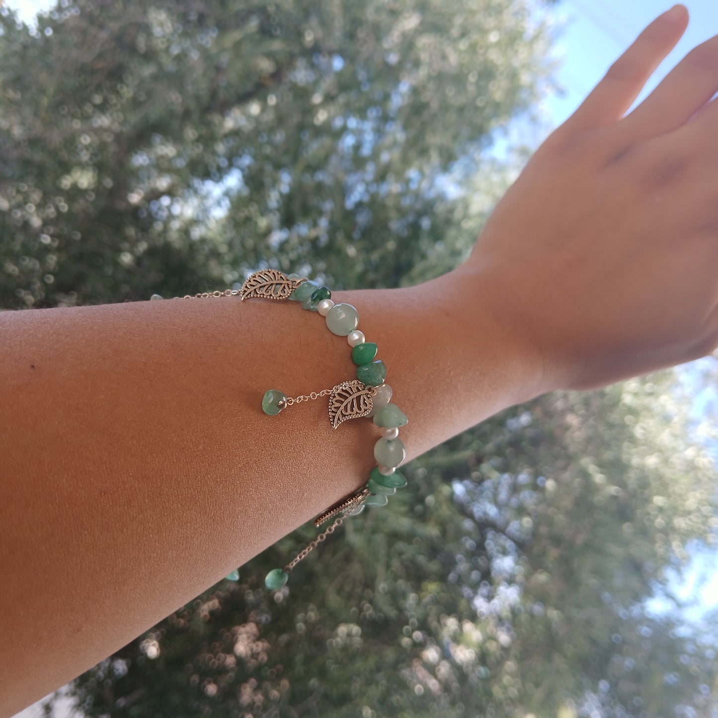 Natural Aventurine, Natural Freshwater Pearls with antique silver charms and dangling sterling silver chain