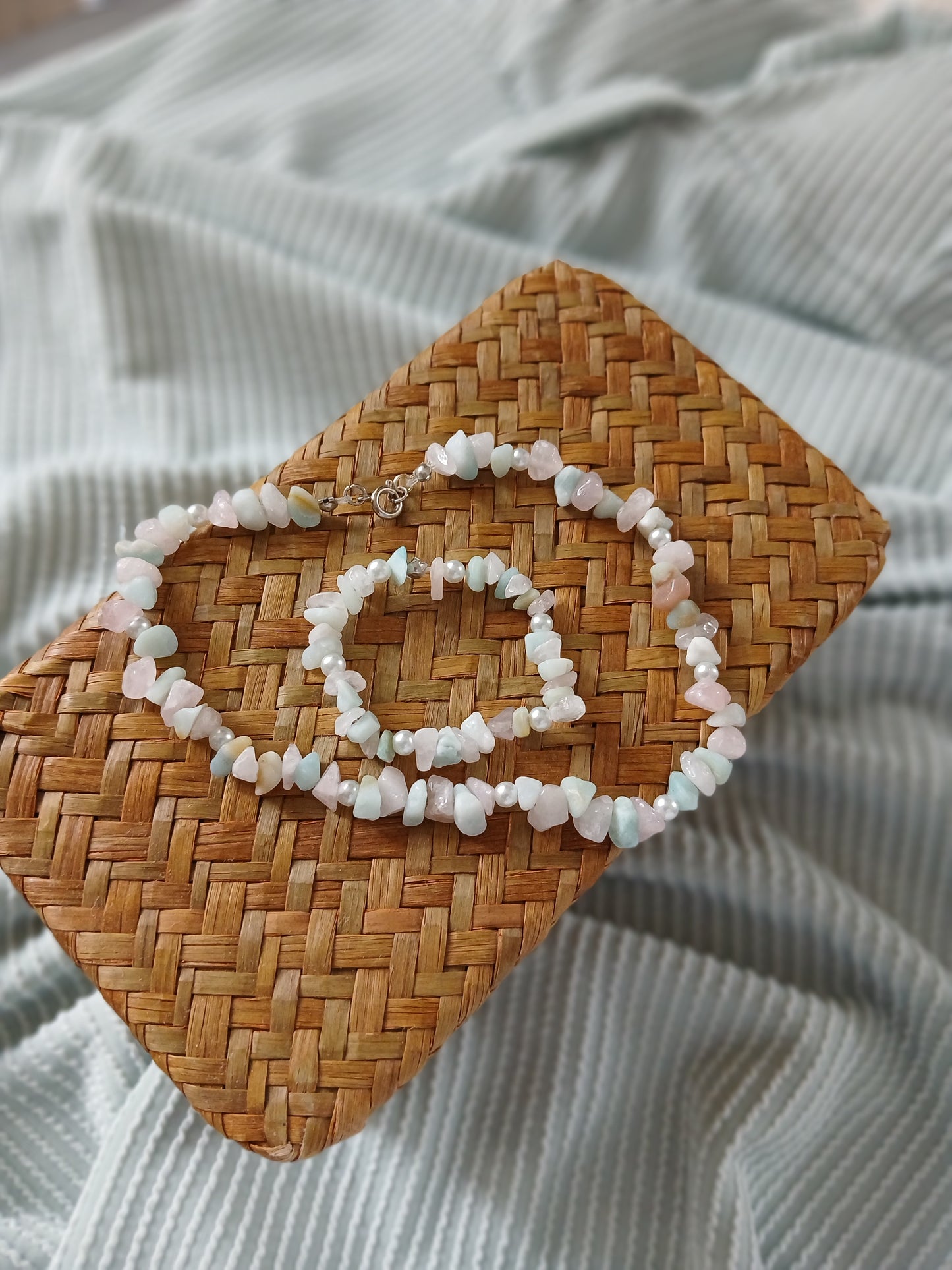 Natural Amazonite, Rose quartz chips, and Freshwater Pearls Baby Set