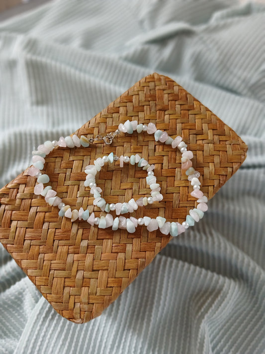 Natural Amazonite, Rose quartz chips, and Freshwater Pearls Baby Set