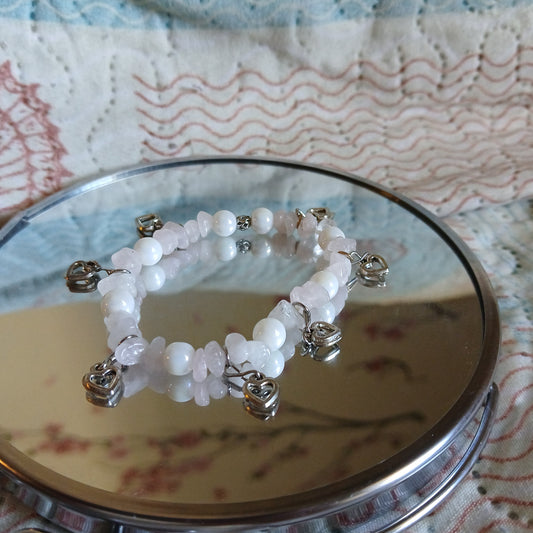 Natural Rose quartz, Natural Freshwater Pearls with sterling silver heart charms