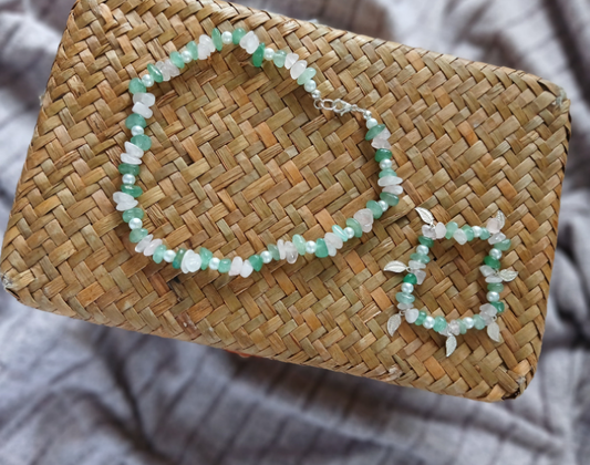 Natural Green Aventurine and Rose quartz chips, with natural Freshwater Pearls and 925 sterling silver charm leaves Baby set