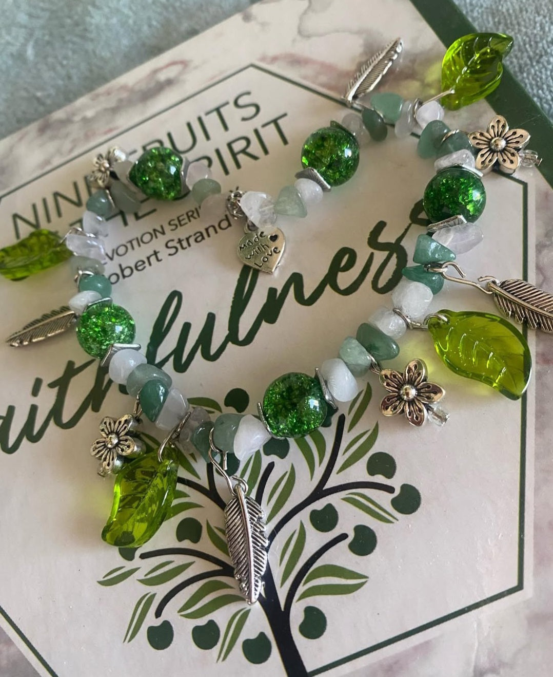 Natural Green Aventurine, Natural Rose quartz and  green crackled Quartzite beads with antique silver flower, leaf charms and green leafs
