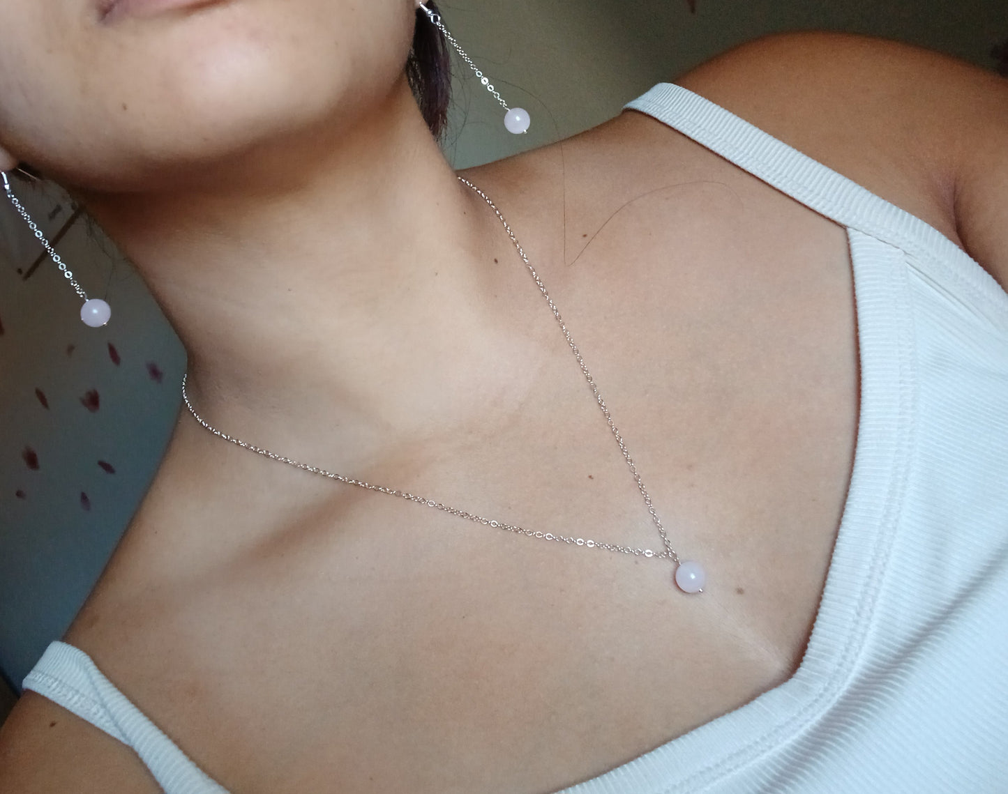 Natural Rose quartz round balls with sterling silver jewelry set