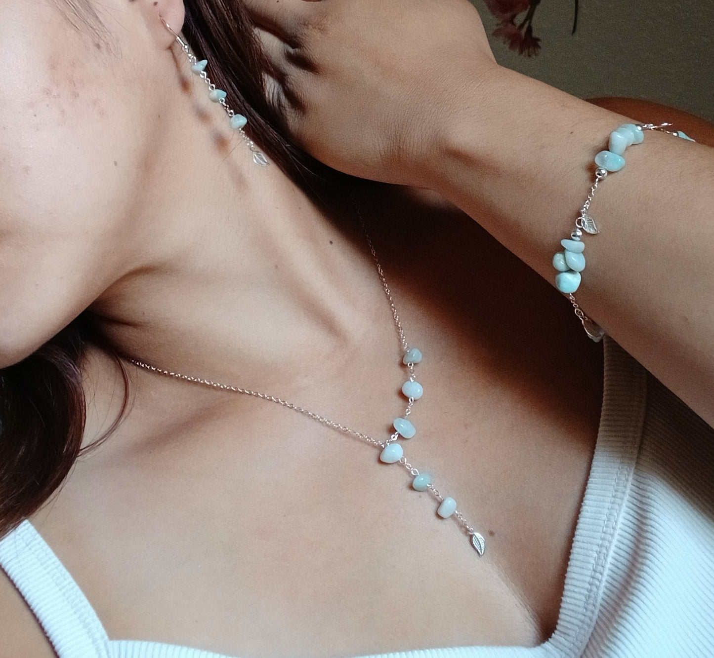 Natural Amazonite chips with sterling silver jewelry set