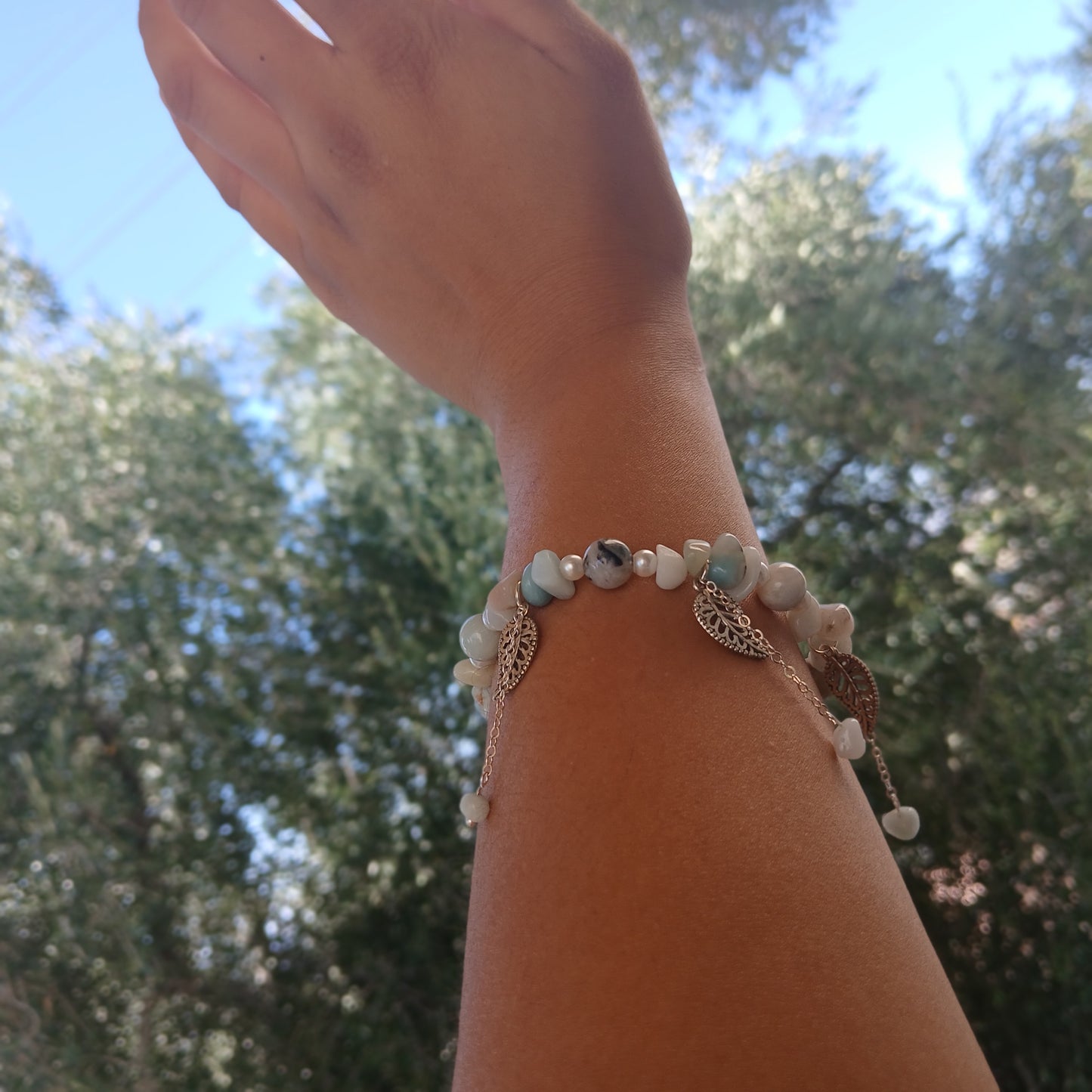 Natural Amazonite, natural Freshwater Pearls with antique silver charm leafs and dangling sterling silver chain.