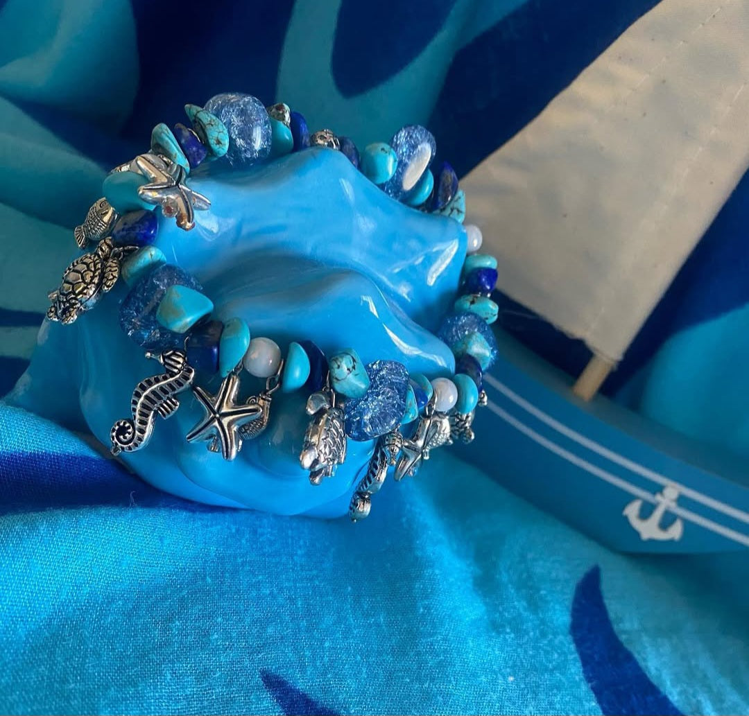 Natural Turquoise with natural Lapis Lazuli chips,  Aqua crackled Quartzite beads with Freshwater pearls and antique silver ocean charms