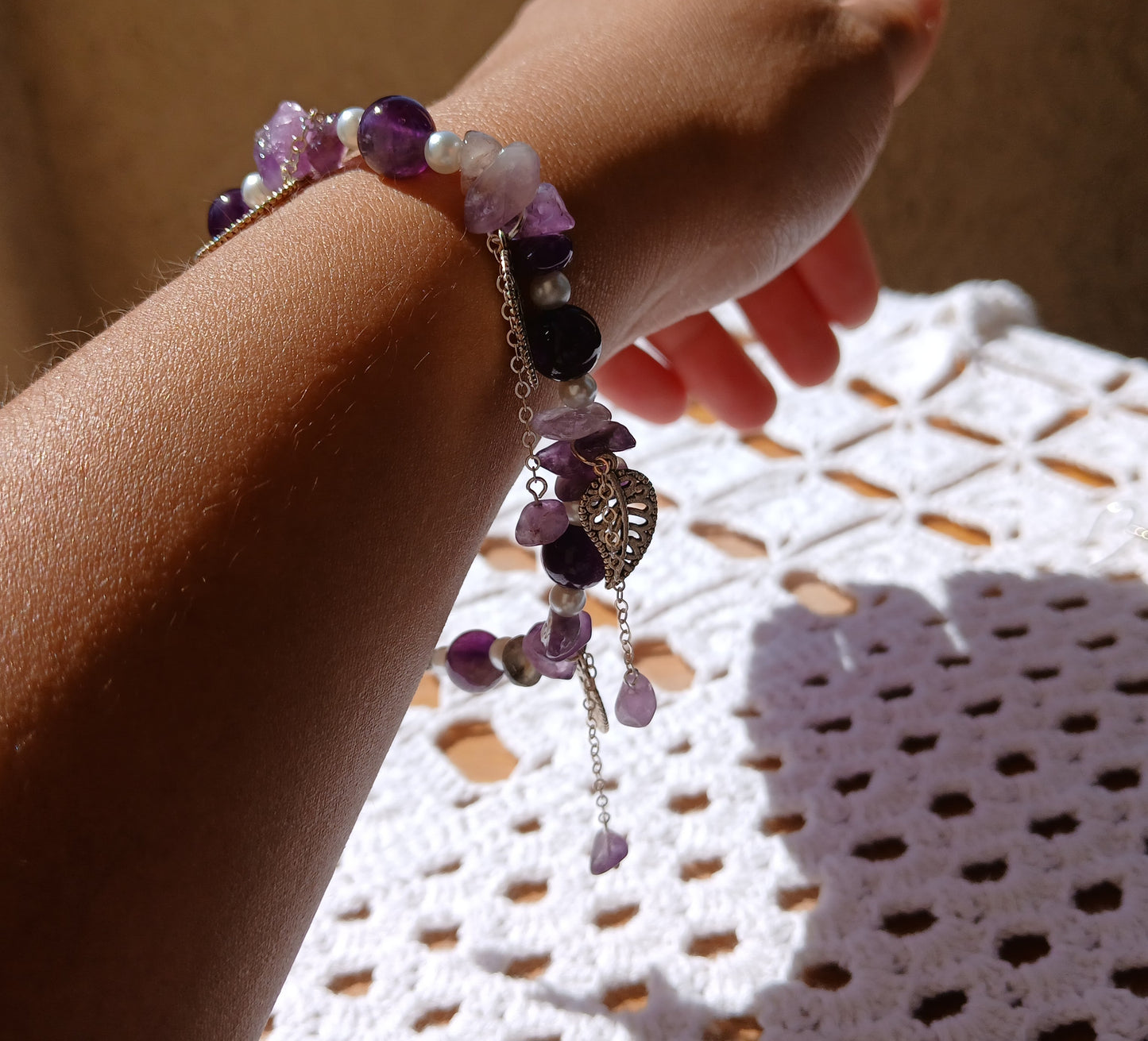 Natural Amethyst, Natural Freshwater Pearls with antique silver charms and dangling sterling silver chain