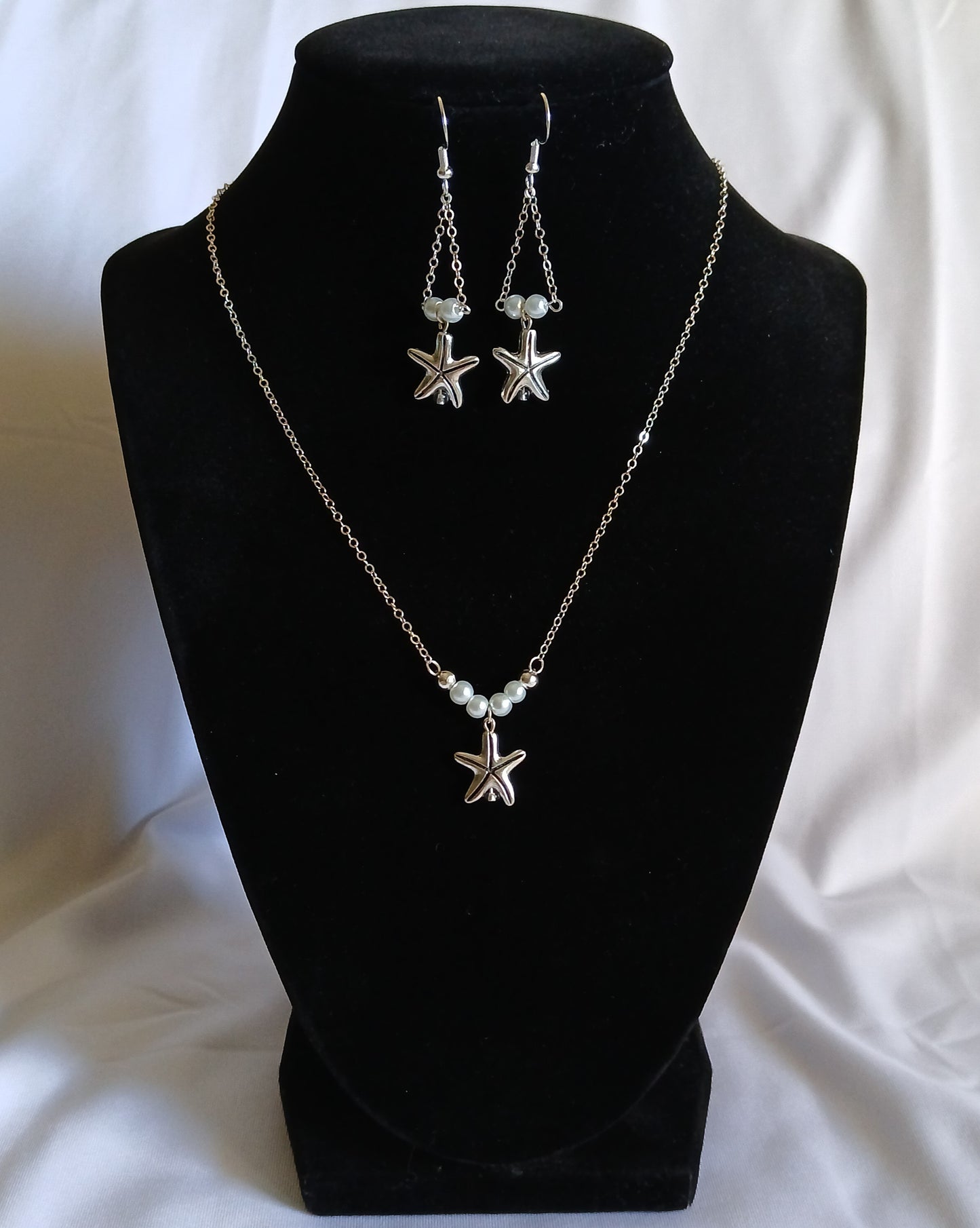 Natural Amethyst, Natural white quartz, Natural Freshwater Pearls, and  antique silver starfish charm with sterling silver jewelry set