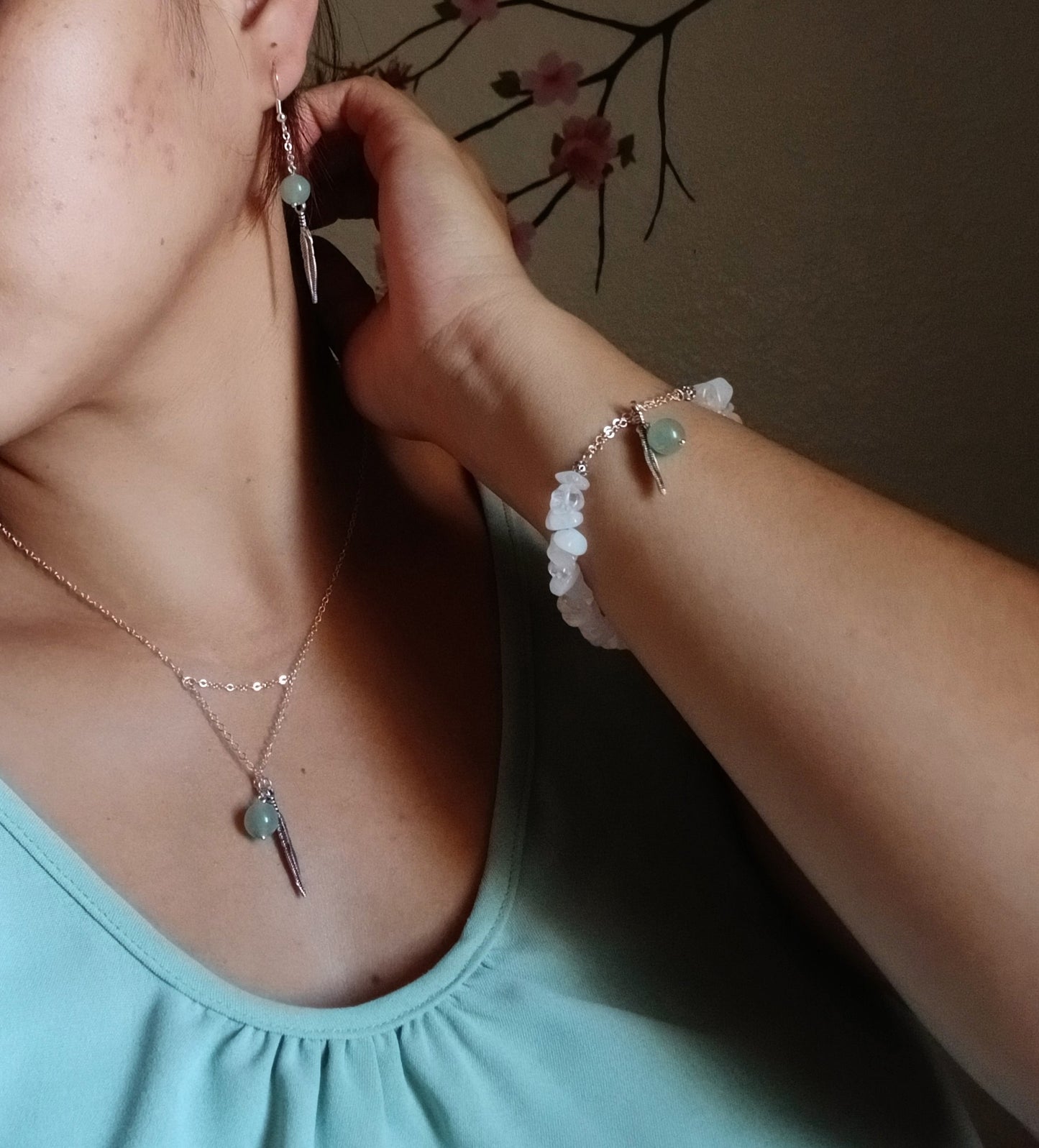 Natural Aventurine round balls, Natural white quartz, and antique silver leaf charms with sterling silver jewelry set