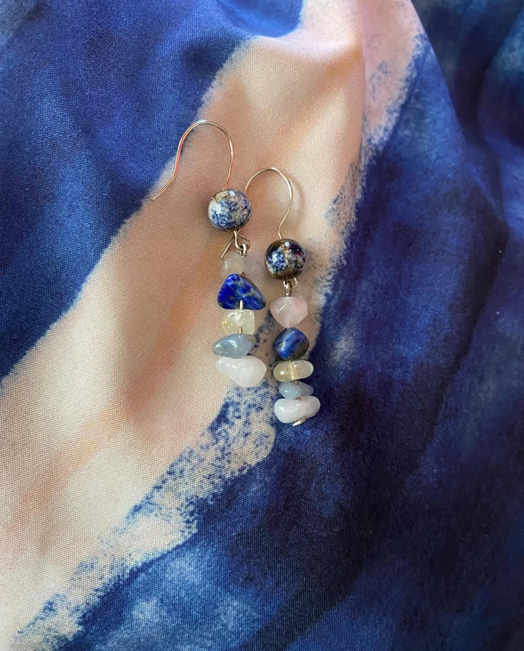 Natural Lapis Lazuli, Rose quartz and amber gemstones with antique silver ocean charms