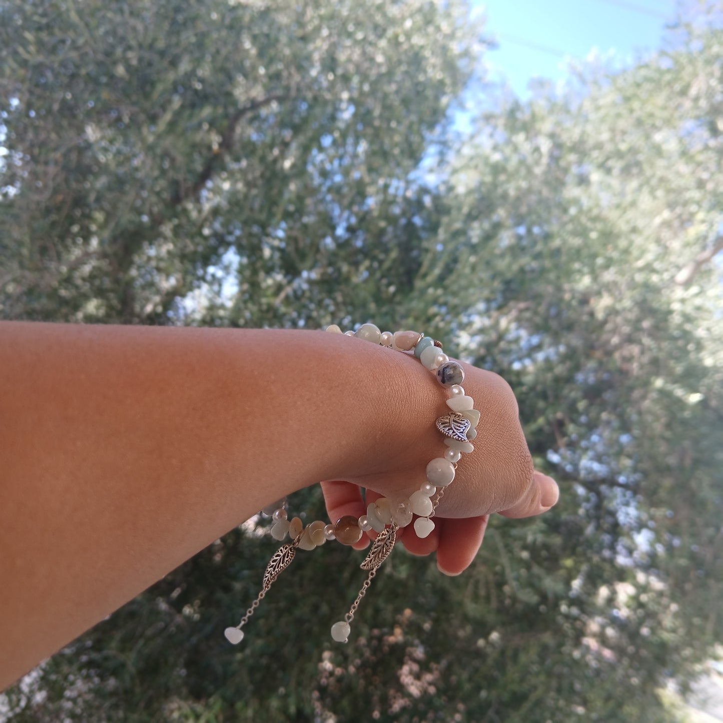 Natural Amazonite, natural Freshwater Pearls with antique silver charm leafs and dangling sterling silver chain.