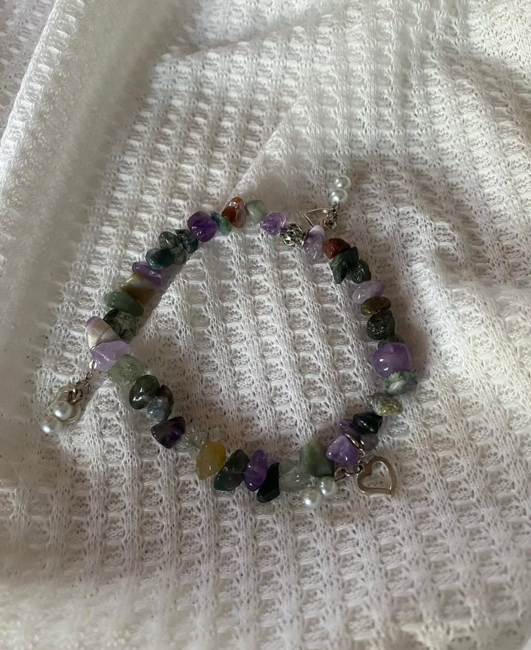 Natural Fancy Jasper, Amethyst chips stone, Freshwater Pearls with sterling silver heart charm & chain