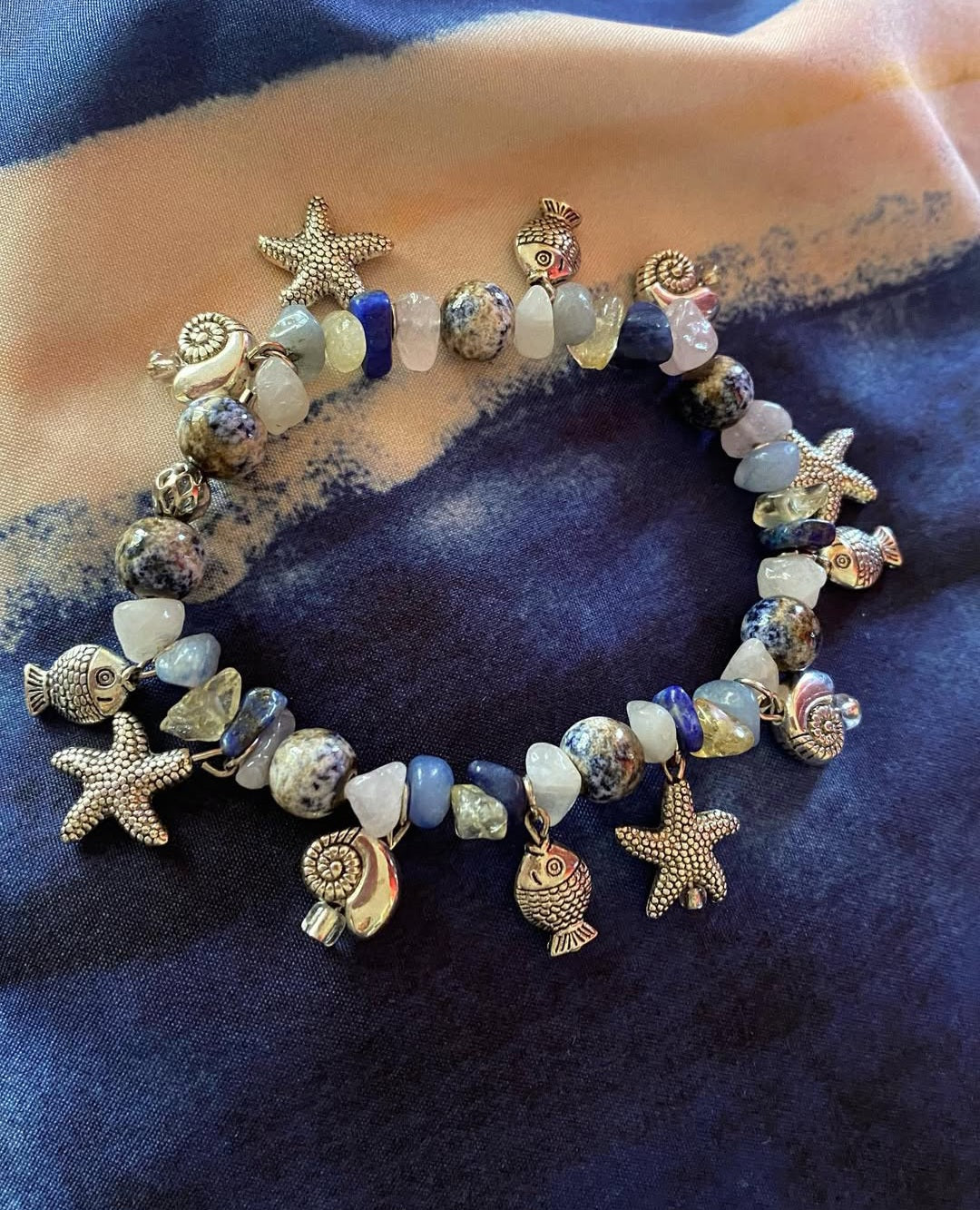 Natural Lapis Lazuli, Rose quartz and amber gemstones with antique silver ocean charms