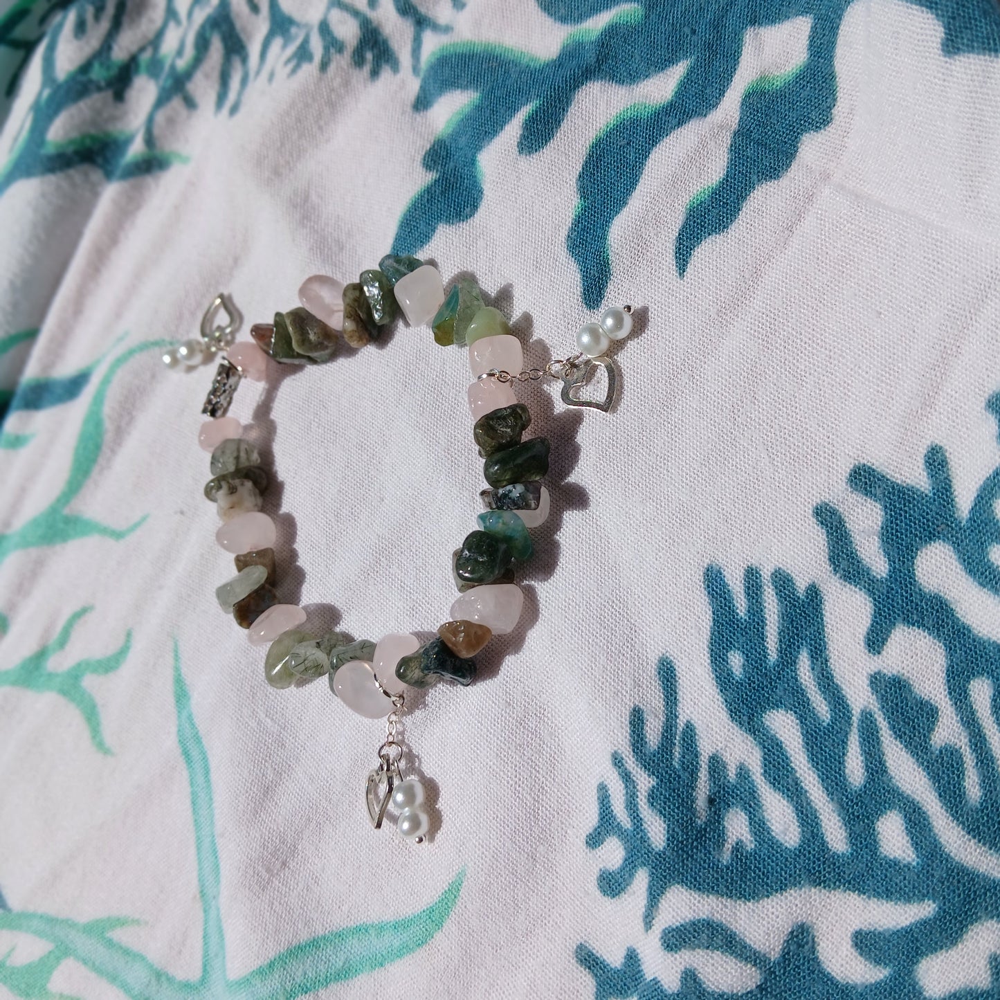 Natural Fancy Jasper, Rose quartz with natural Freshwater Pearls and sterling silver charm, chain