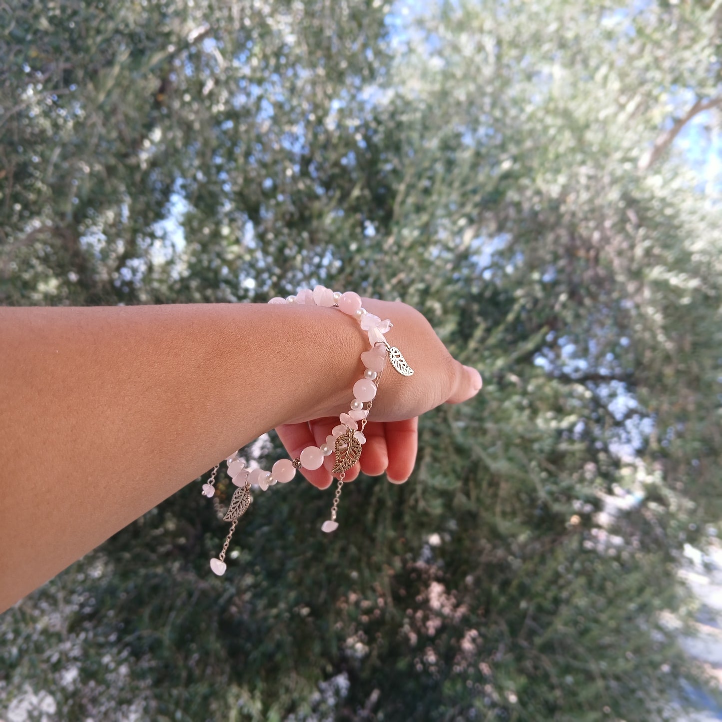 Natural rose quartz, Natural Freshwater Pearls  with antique silver charms and dangling sterling silver chains