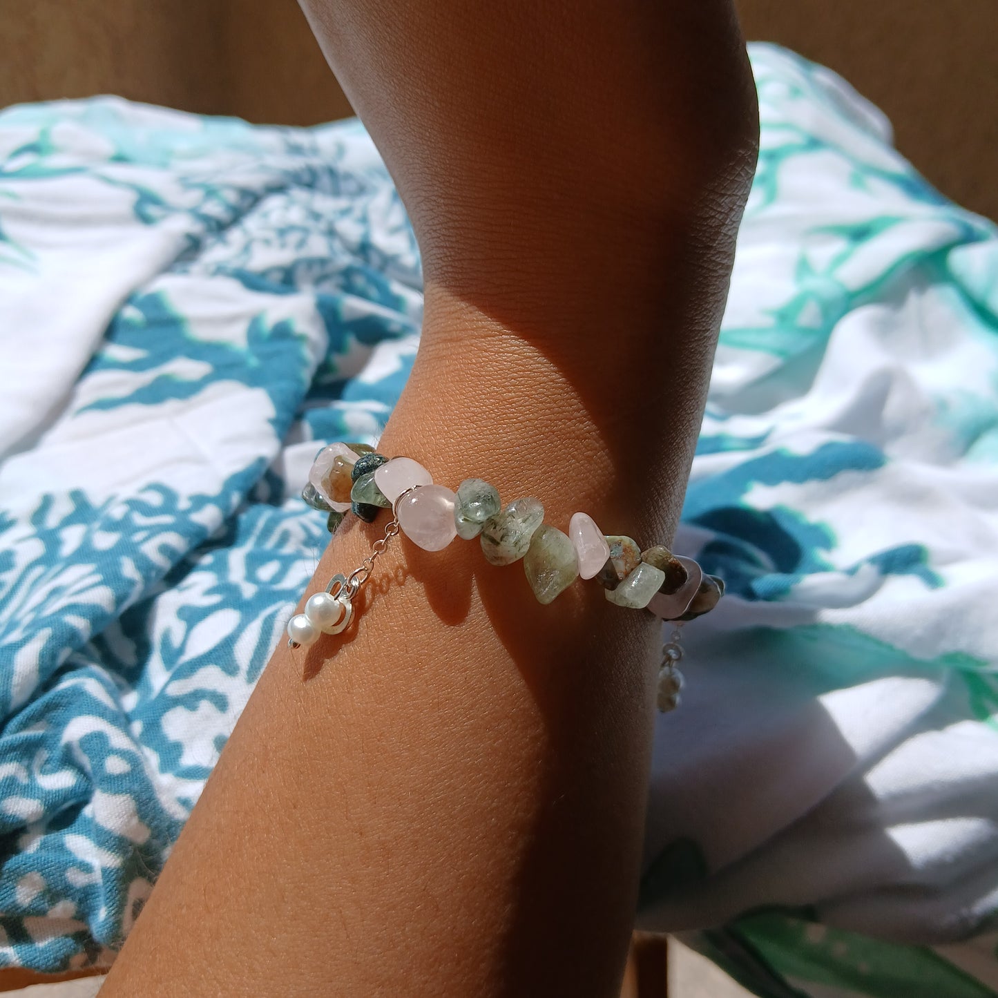 Natural Fancy Jasper, Rose quartz with natural Freshwater Pearls and sterling silver charm, chain