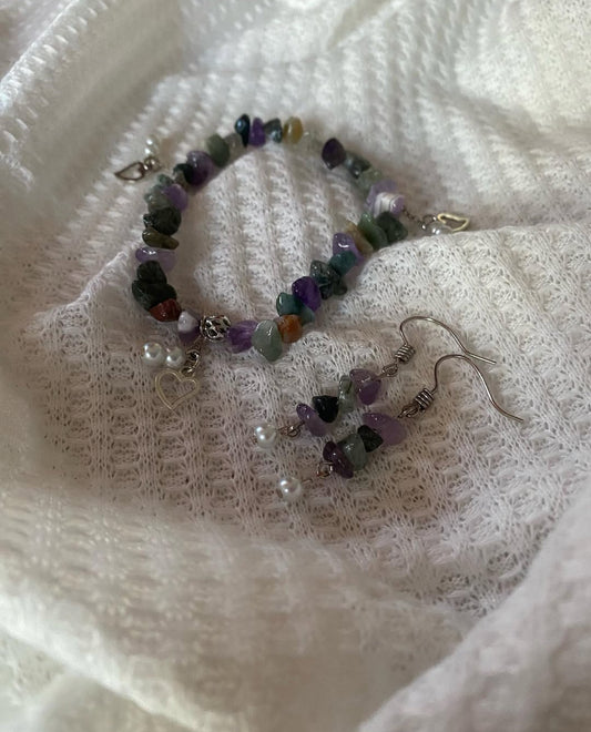 Natural Fancy Jasper, Amethyst chips stone, Freshwater Pearls with sterling silver heart charm & chain