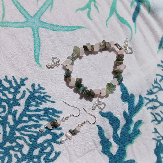 Natural Fancy Jasper, Rose quartz with natural Freshwater Pearls and sterling silver charm, chain