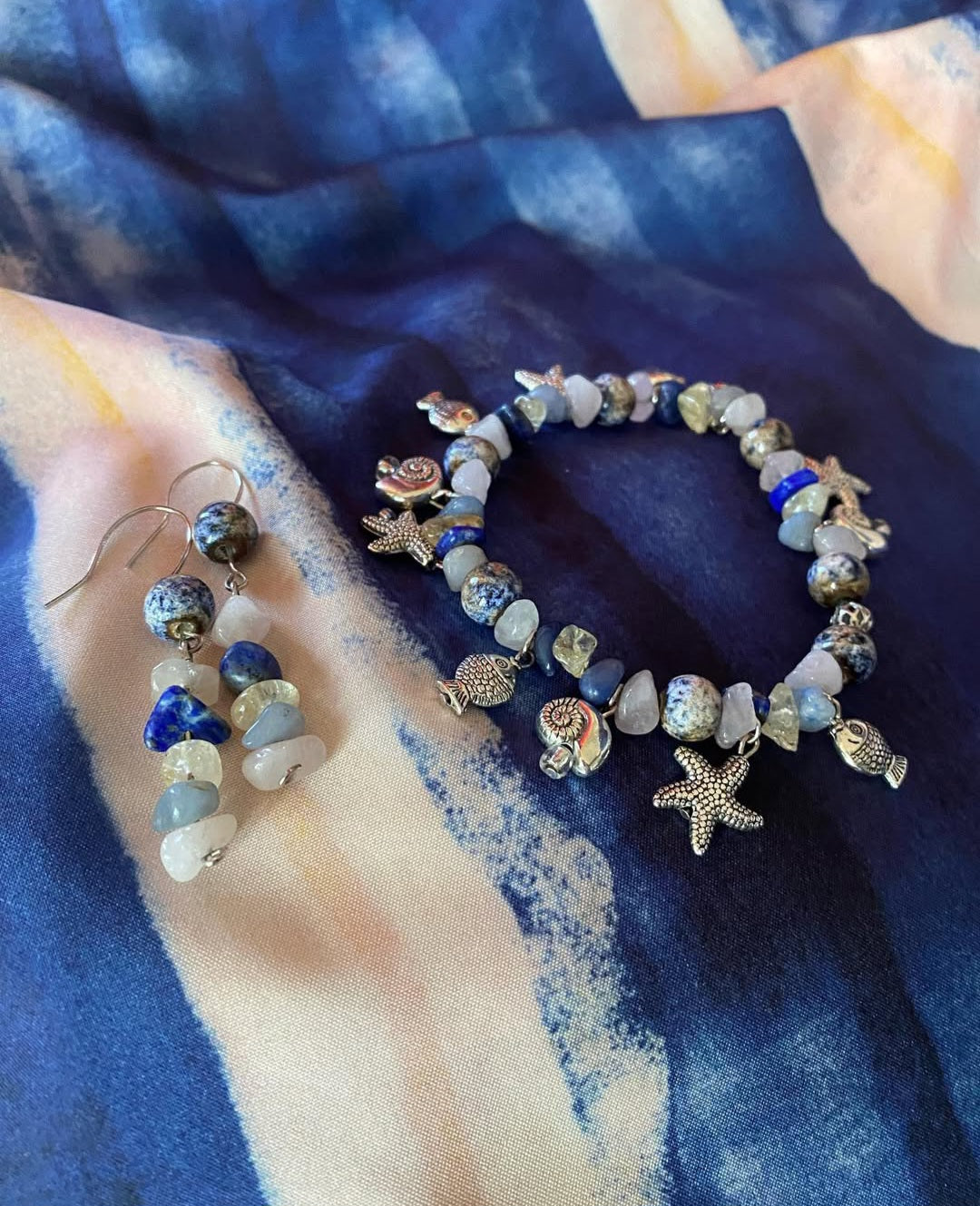 Natural Lapis Lazuli, Rose quartz and amber gemstones with antique silver ocean charms