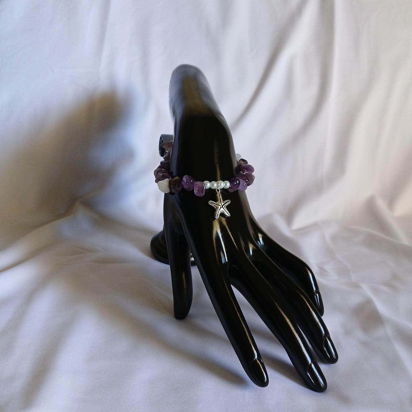 Natural Amethyst, Natural white quartz, Natural Freshwater Pearls, and  antique silver starfish charm with sterling silver jewelry set