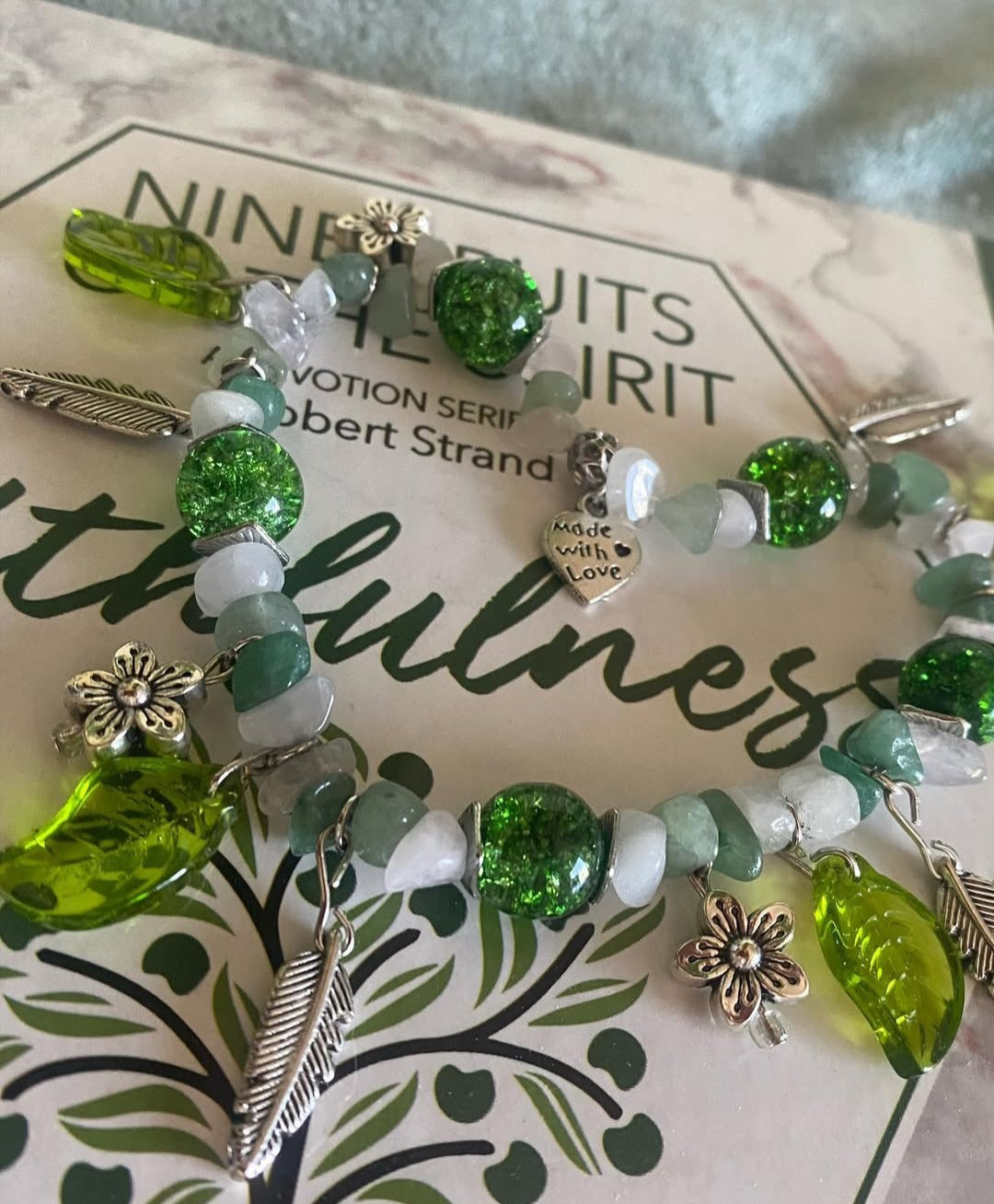 Natural Green Aventurine, Natural Rose quartz and  green crackled Quartzite beads with antique silver flower, leaf charms and green leafs