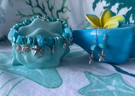 Natural Turquoise stone and Aqua crackled Quartzite beads with antique silver ocean charm set