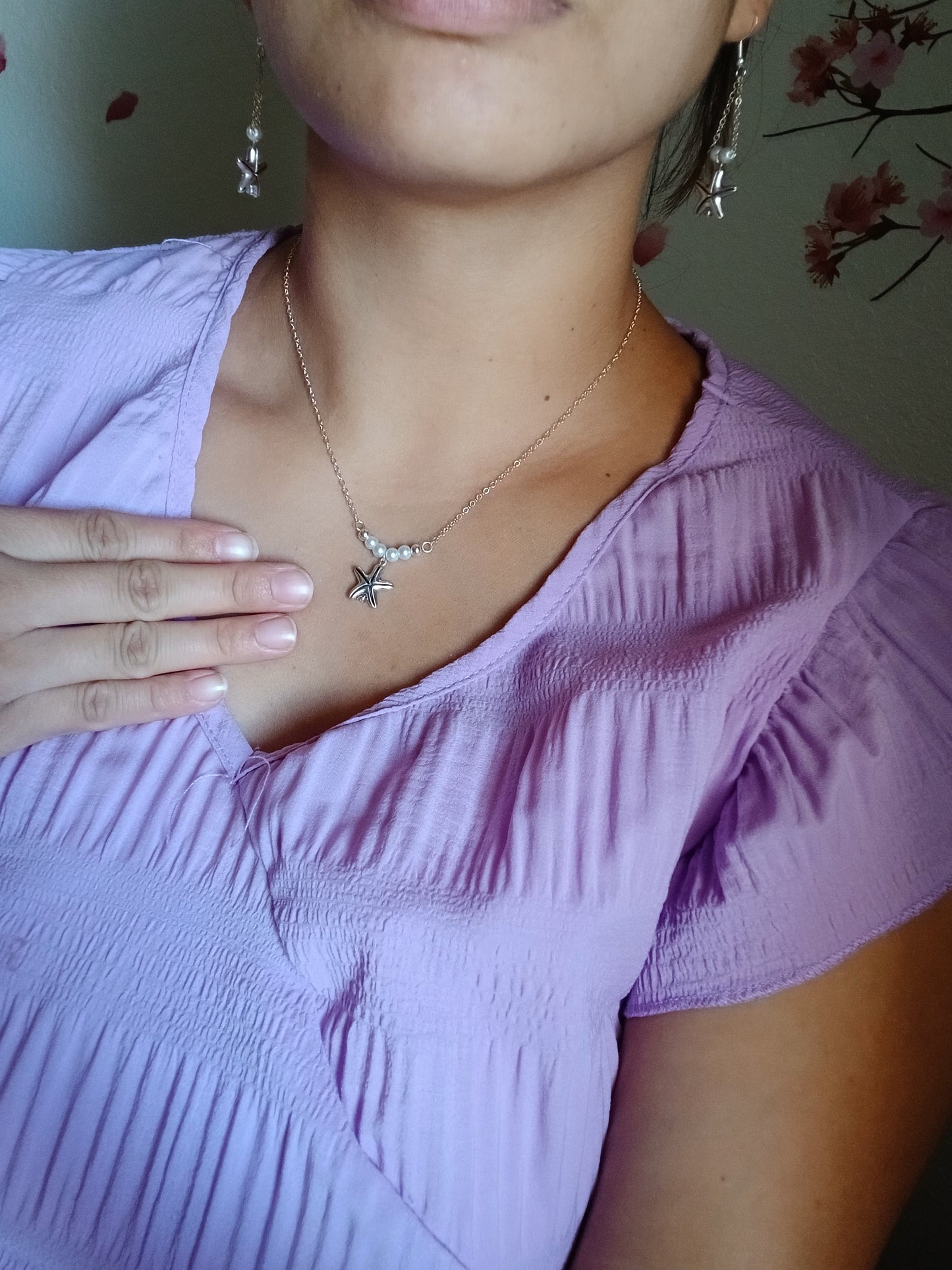 Natural Amethyst, Natural white quartz, Natural Freshwater Pearls, and  antique silver starfish charm with sterling silver jewelry set