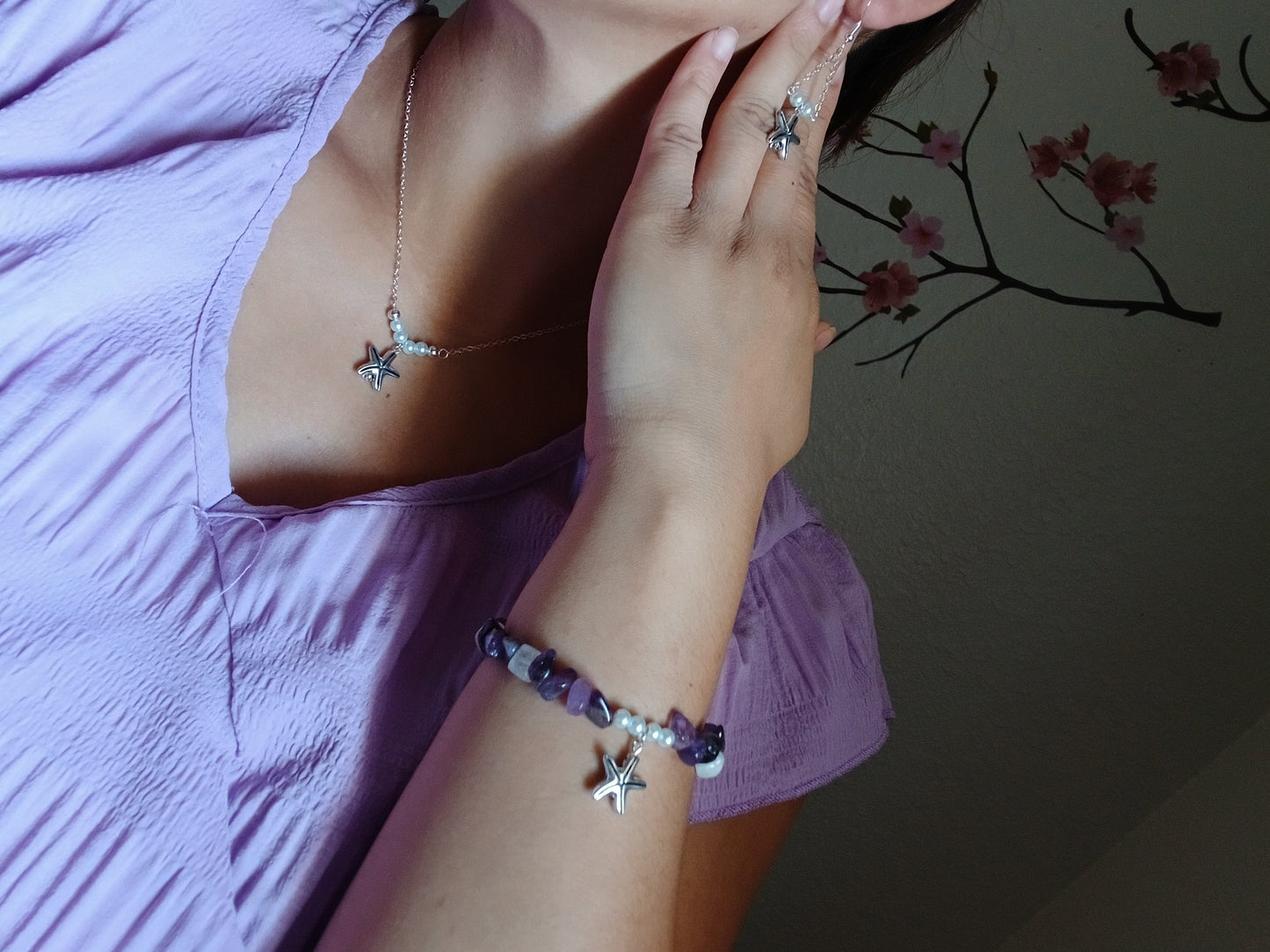 Natural Amethyst, Natural white quartz, Natural Freshwater Pearls, and  antique silver starfish charm with sterling silver jewelry set