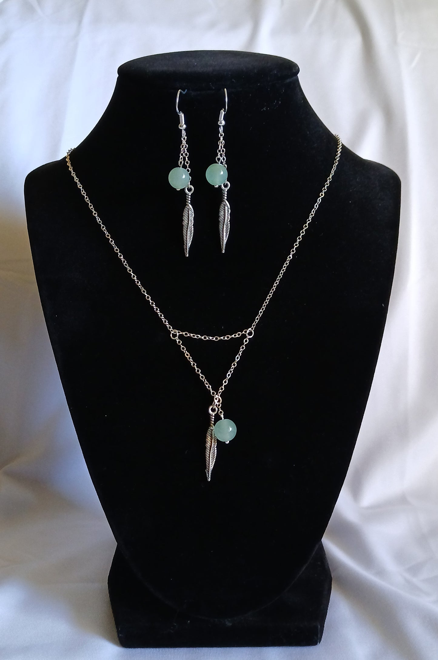 Natural Aventurine round balls, Natural white quartz, and antique silver leaf charms with sterling silver jewelry set