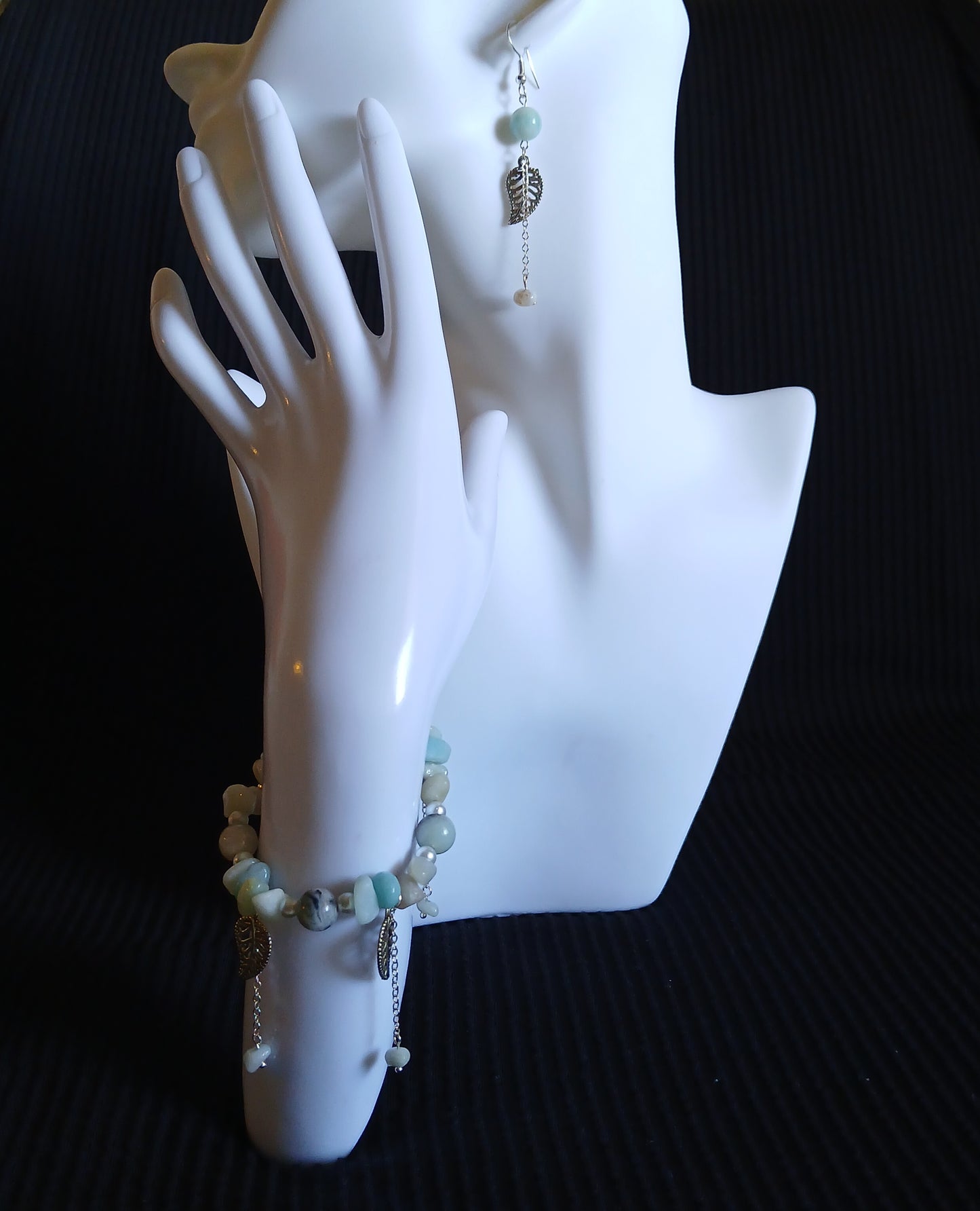 Natural Amazonite, natural Freshwater Pearls with antique silver charm leafs and dangling sterling silver chain.