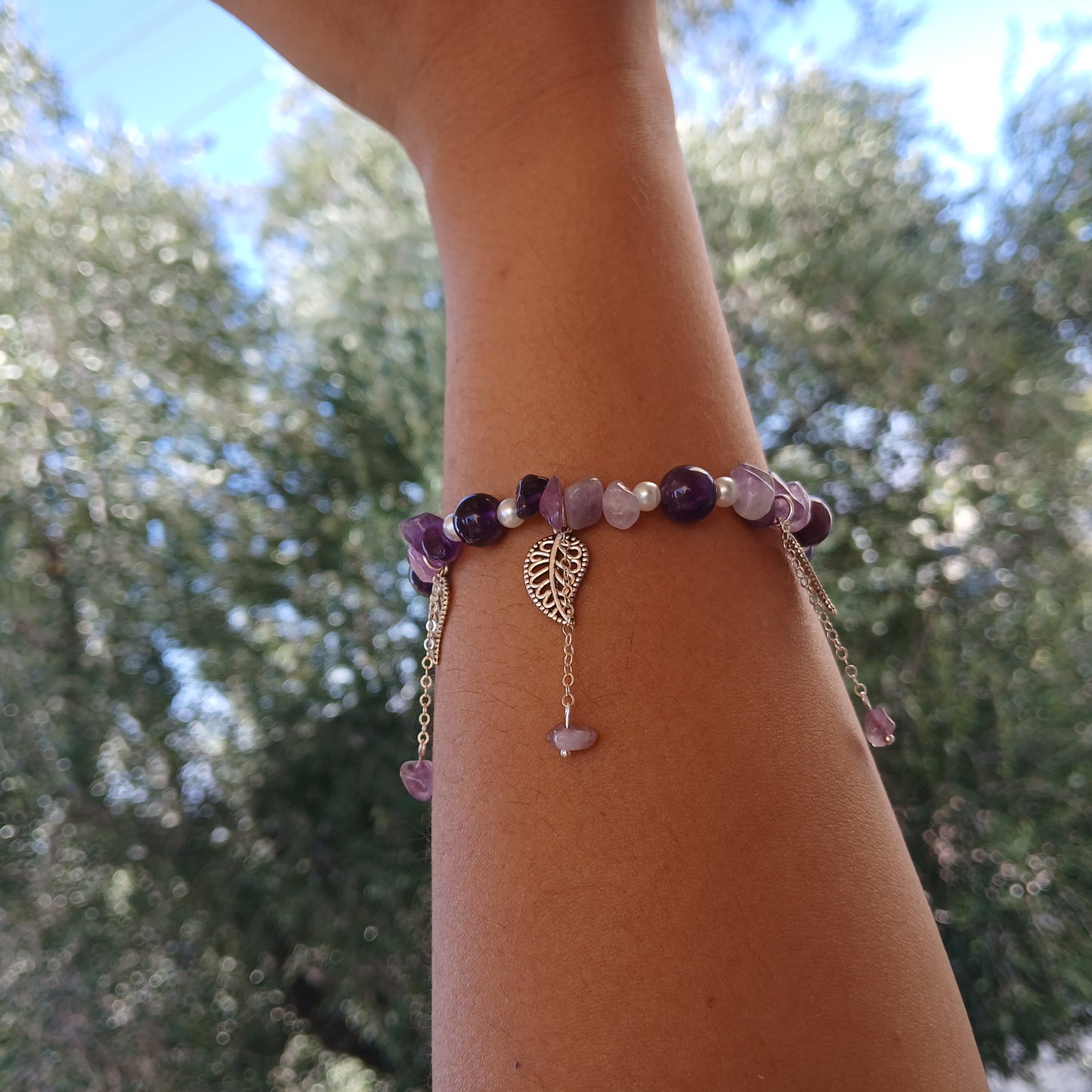 Natural Amethyst, Natural Freshwater Pearls with antique silver charms and dangling sterling silver chain