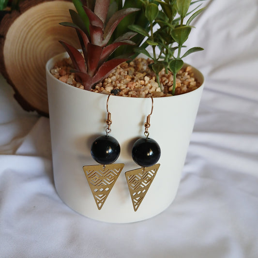 Gold triangle tribal earrings with black round balls