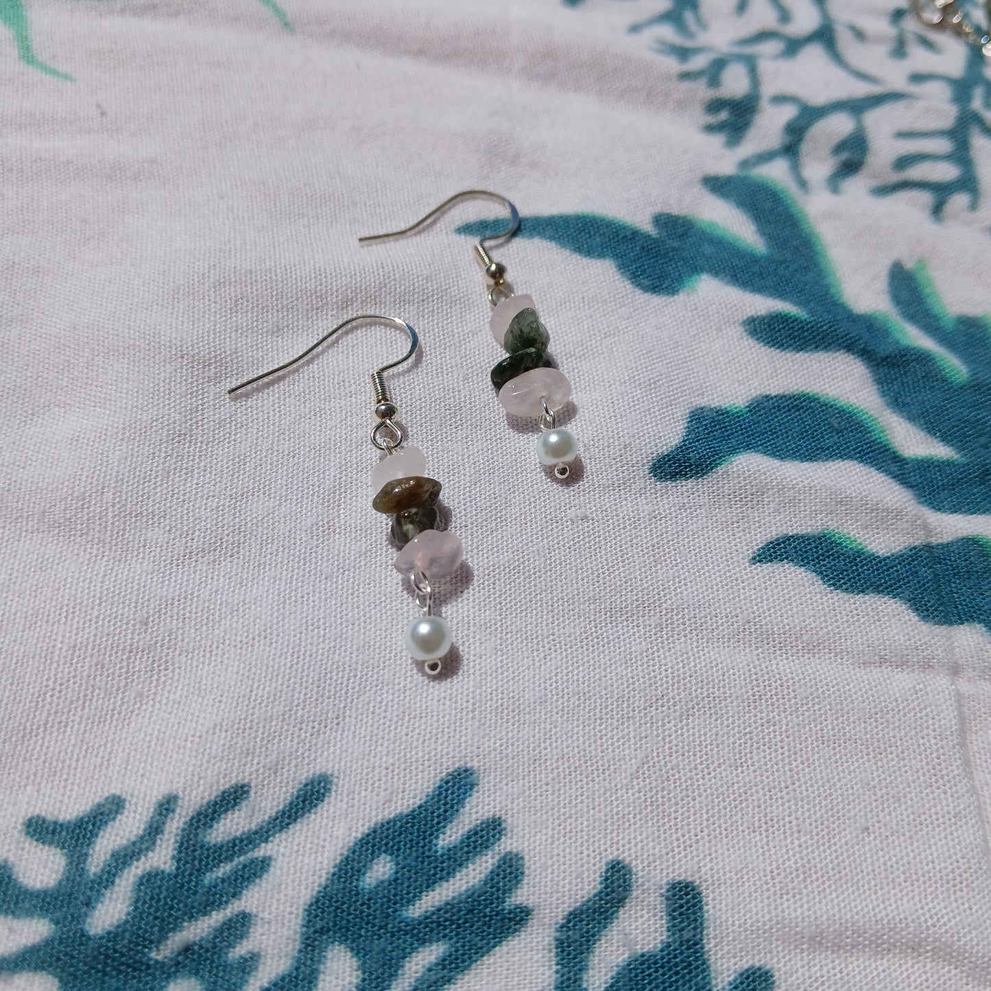 Natural Fancy Jasper, Rose quartz with natural Freshwater Pearls and sterling silver charm, chain