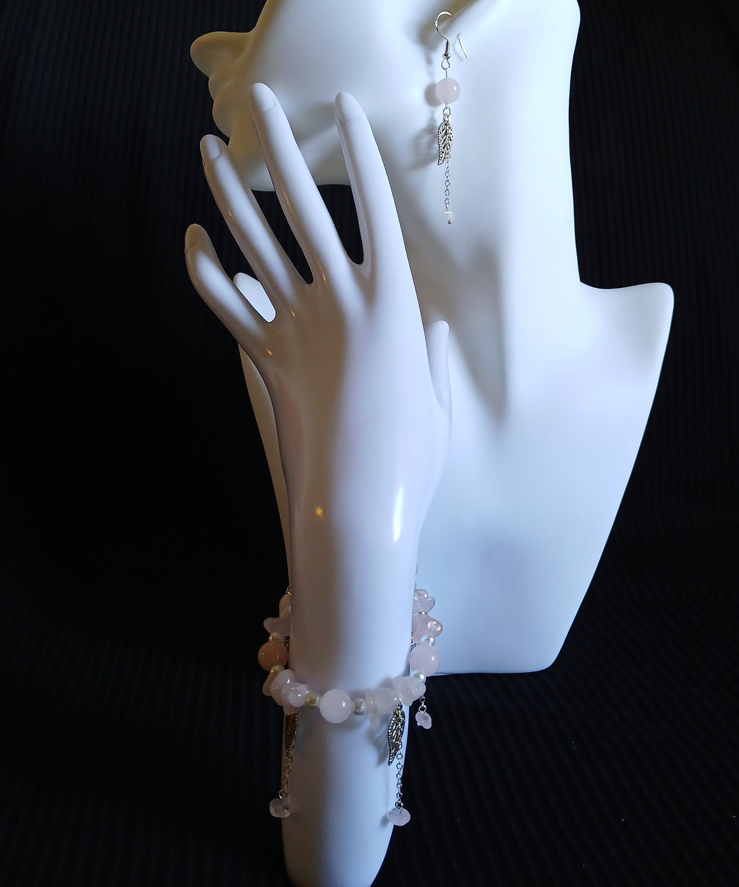 Natural rose quartz, Natural Freshwater Pearls  with antique silver charms and dangling sterling silver chains