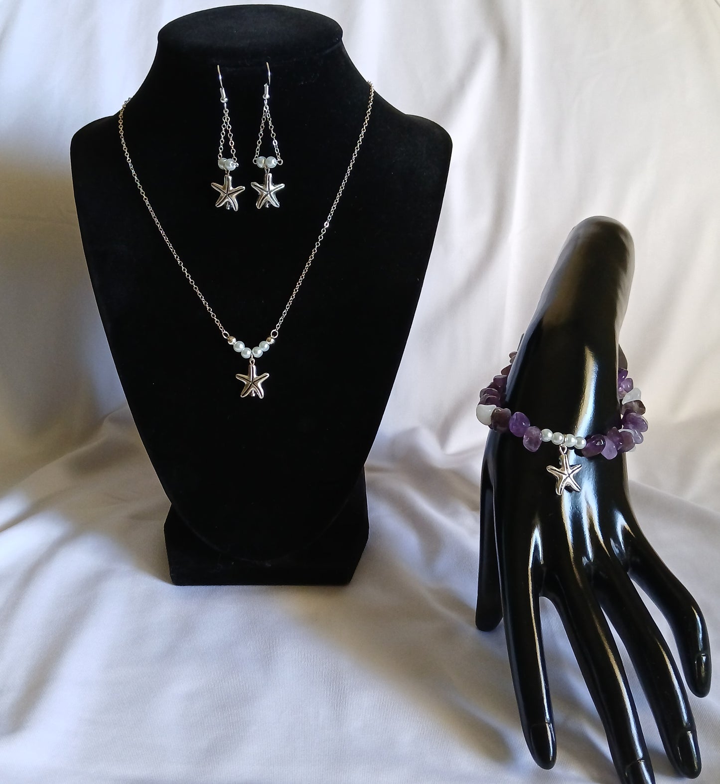 Natural Amethyst, Natural white quartz, Natural Freshwater Pearls, and  antique silver starfish charm with sterling silver jewelry set
