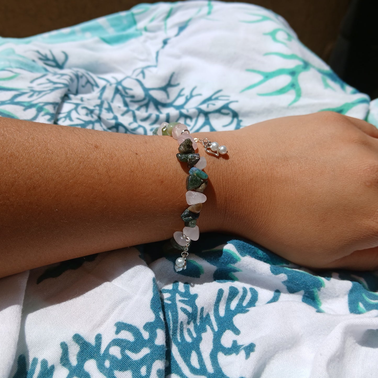 Natural Fancy Jasper, Rose quartz with natural Freshwater Pearls and sterling silver charm, chain