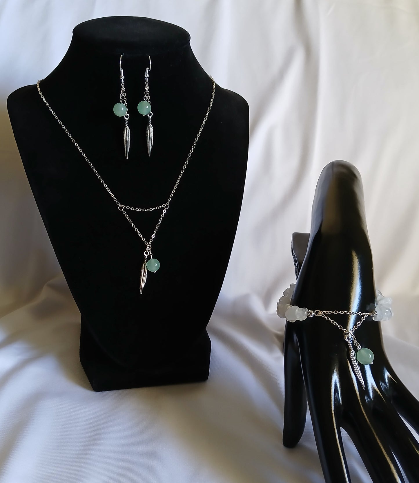 Natural Aventurine round balls, Natural white quartz, and antique silver leaf charms with sterling silver jewelry set
