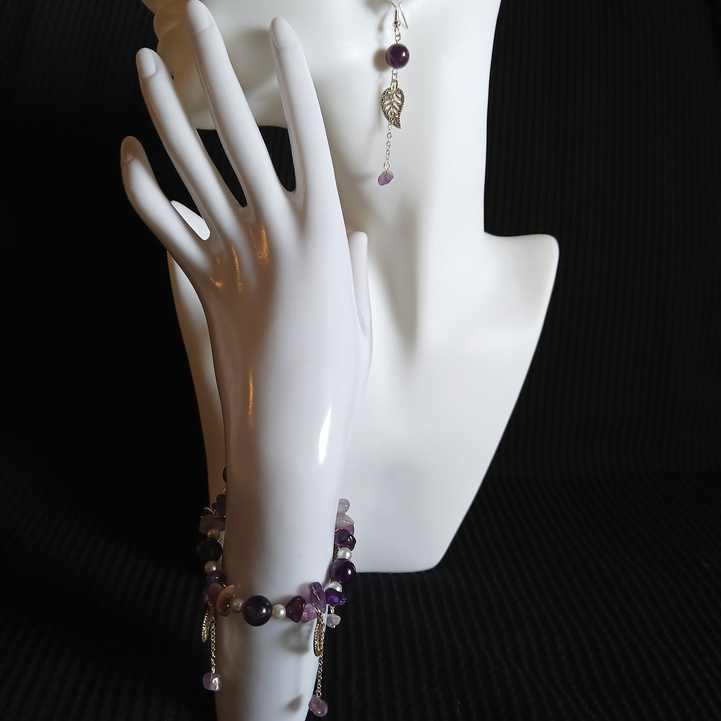 Natural Amethyst, Natural Freshwater Pearls with antique silver charms and dangling sterling silver chain